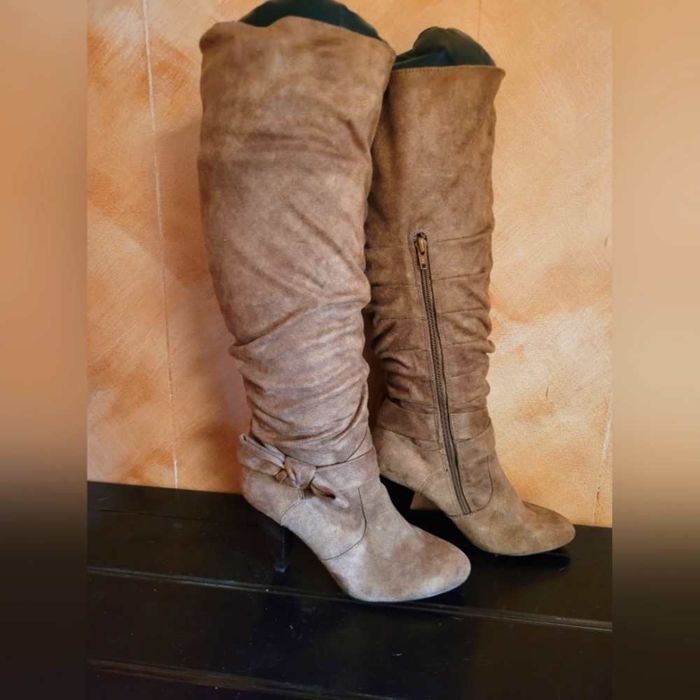 Suede heeled knee high boots